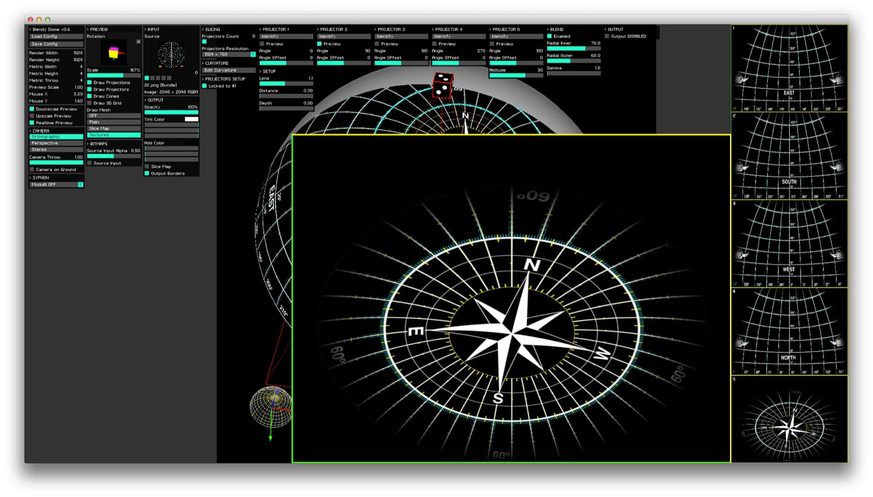Dome VJ mapping window: projector panels along the top, a compass test pattern in the preview and four projector slices on the right
